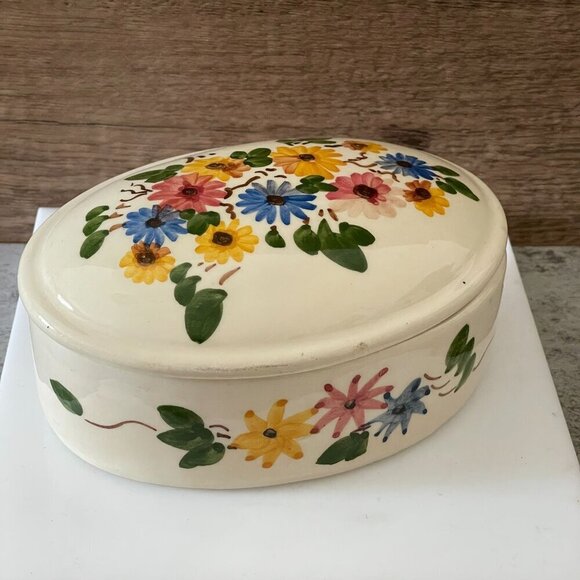 Vintage Made in France Hand-Painted Rustic Floral Oval Covered Trinket Box 4.75" - Picture 2 of 9